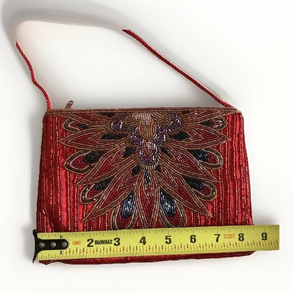 Vintage-Style Red Beaded Evening Bag Clutch Purse with Strap Hand Beaded - Picture 5 of 7